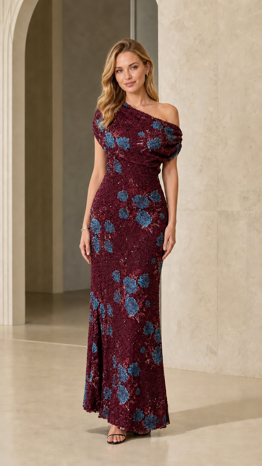 BloomGala – One-Shoulder Sequin Floral Evening Gown
