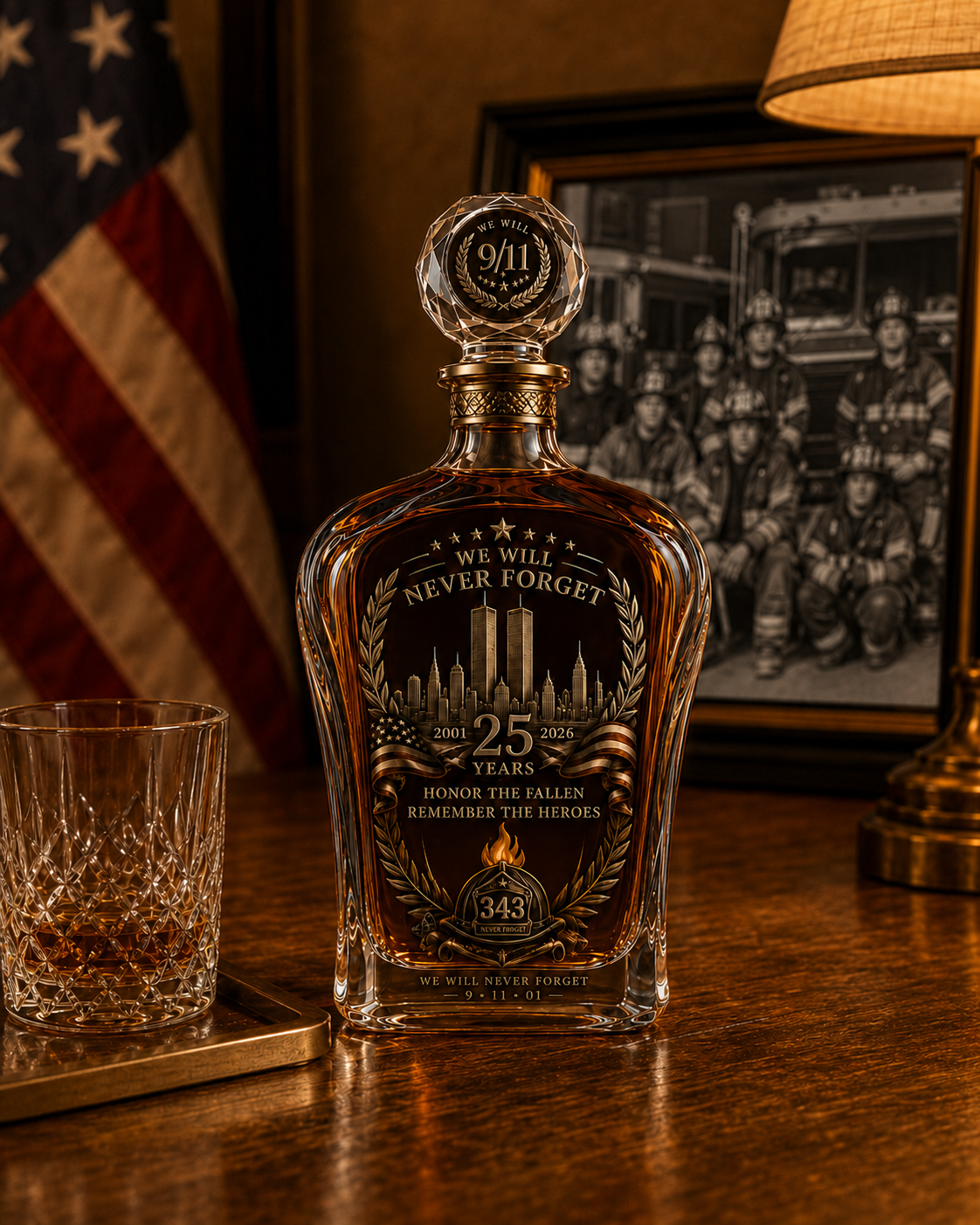 🕯️ TributeCrest – 9/11 25th Anniversary Memorial Whiskey Decanter & Glass Gift Set, We Will Never Forget 343 Heroes