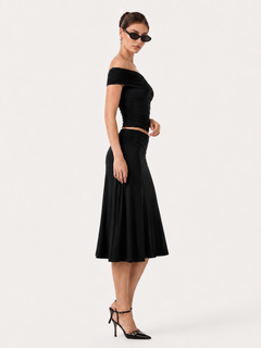 MilayaMuse – Off-the-Shoulder Ruched Top & Midi Skirt Set