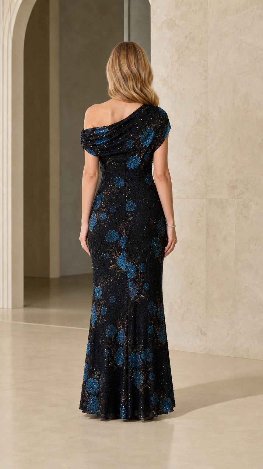 BloomGala – One-Shoulder Sequin Floral Evening Gown