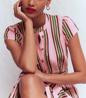 Pink Striped Belted Linen Blend Dress