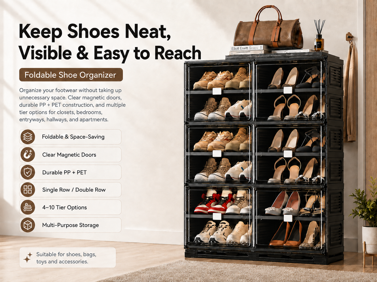 ClearStack – Foldable Shoe Organizer with Magnetic Doors