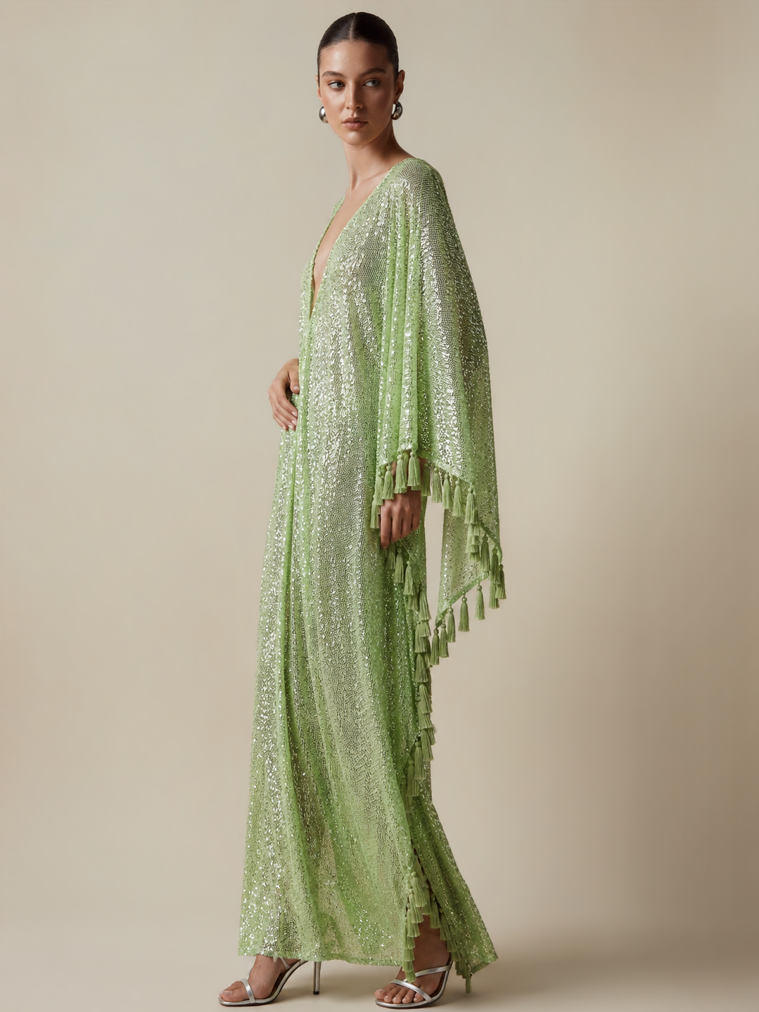ShimmerDrift – Sequined Fringe-Trim Plunge V-Neck Maxi Kaftan Dress