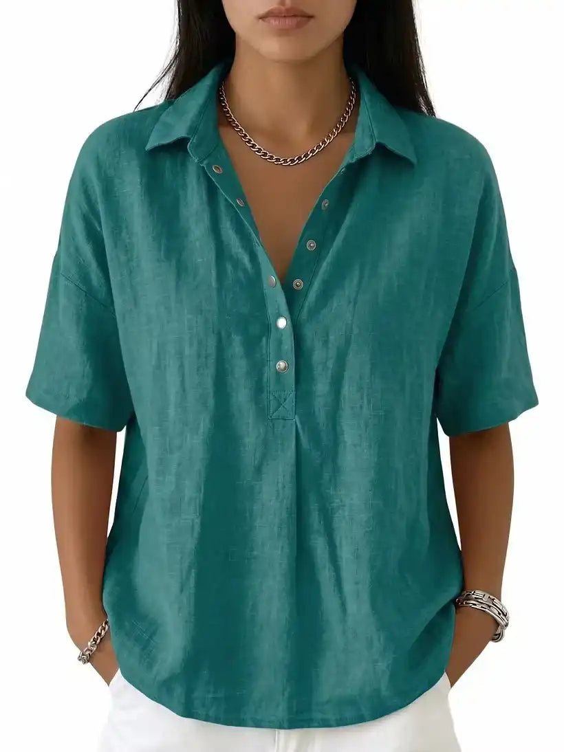 BreezeLinen – Women's Classic Collared Short-Sleeve Linen-Blend Shirt