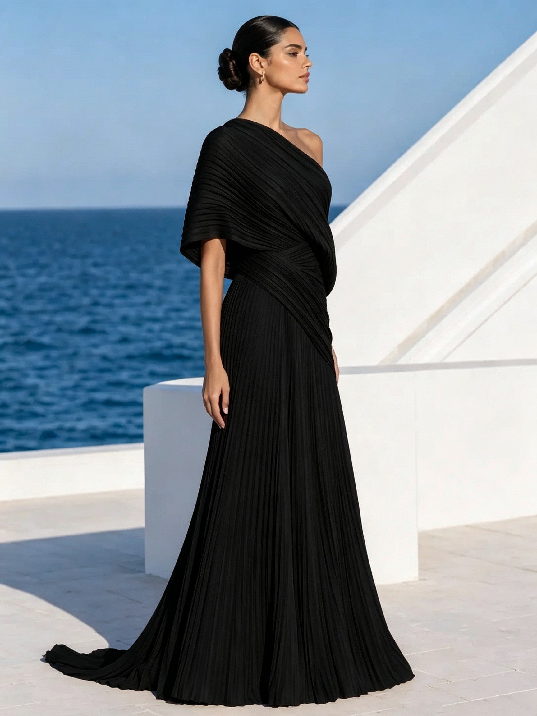 DrapeGala – One Shoulder Pleated Evening Gown
