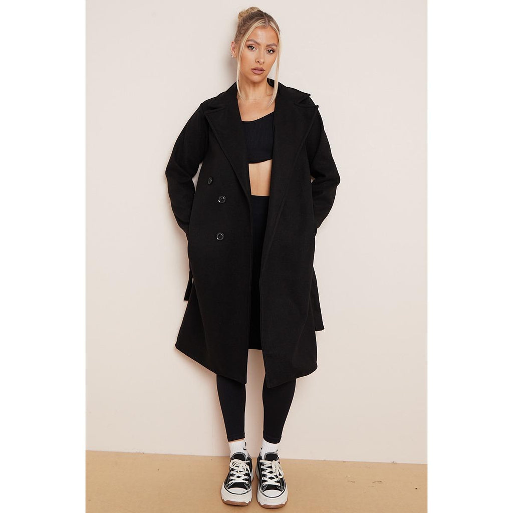 LapelLuxe – Women's Thermal Double-Breasted Notch Lapel Coat with Waist Tie & Pockets