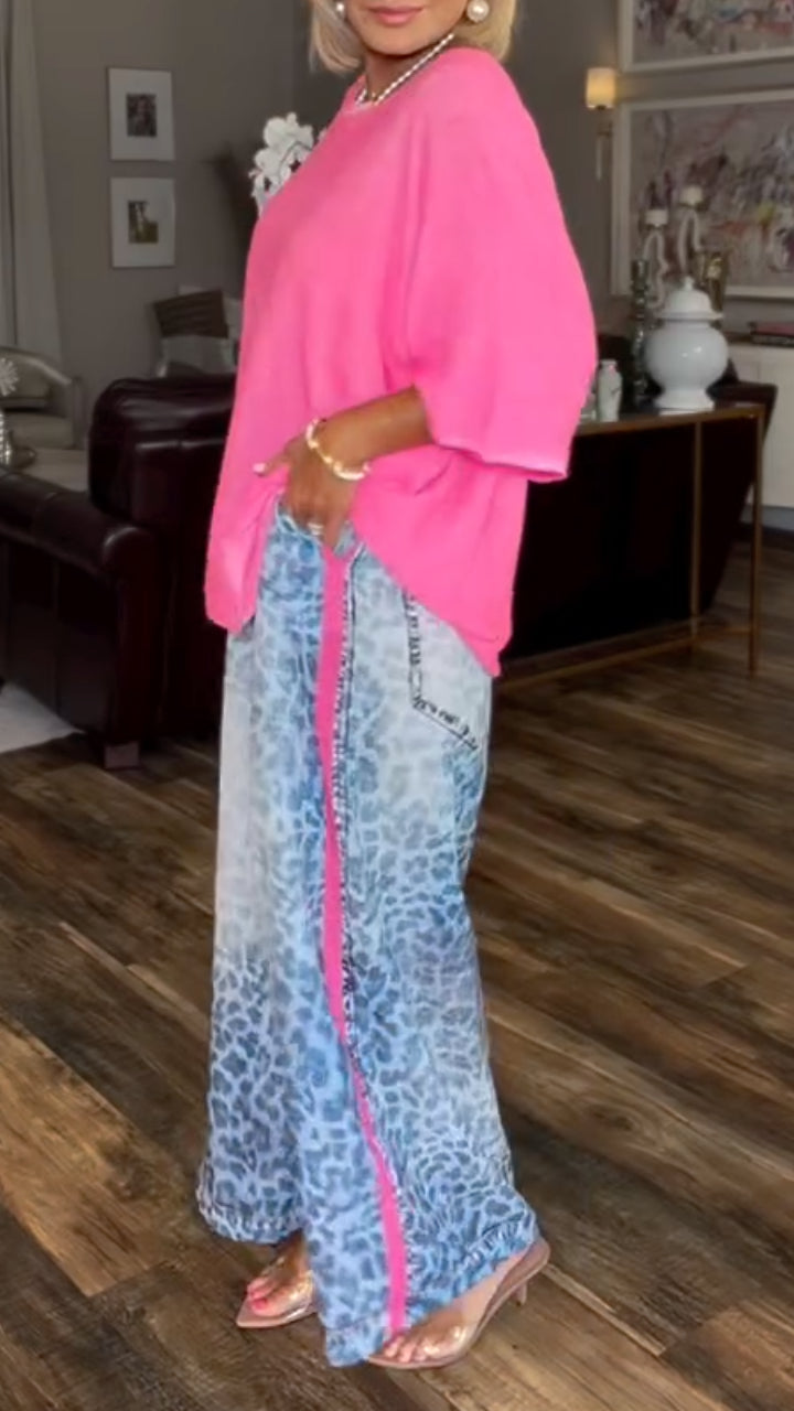 LeopardLounge – Pink Top and Leopard-Print Pants Set