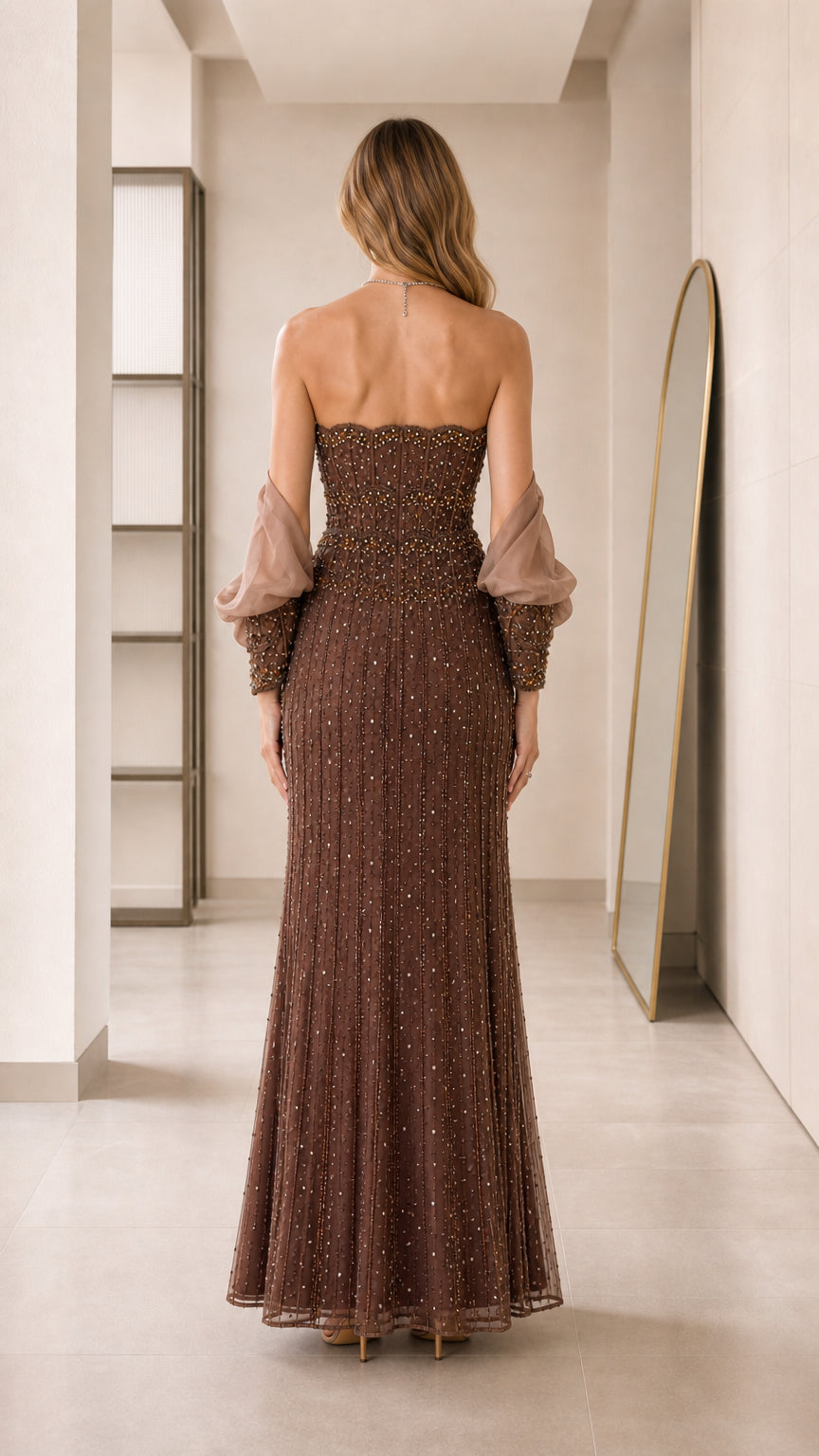 GlimmerGala – Embellished Strapless Evening Gown with Sheer Bolero