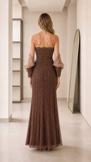 GlimmerGala – Embellished Strapless Evening Gown with Sheer Bolero