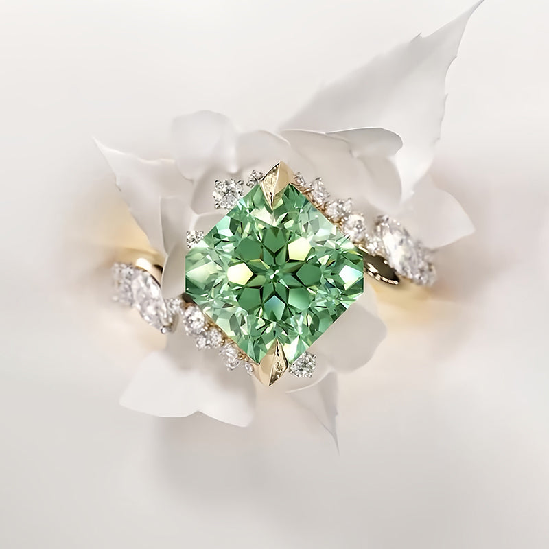 MintCrest – 3ct Cushion-Cut Mint Green Sapphire & White Sapphire Asymmetrical Cluster Ring