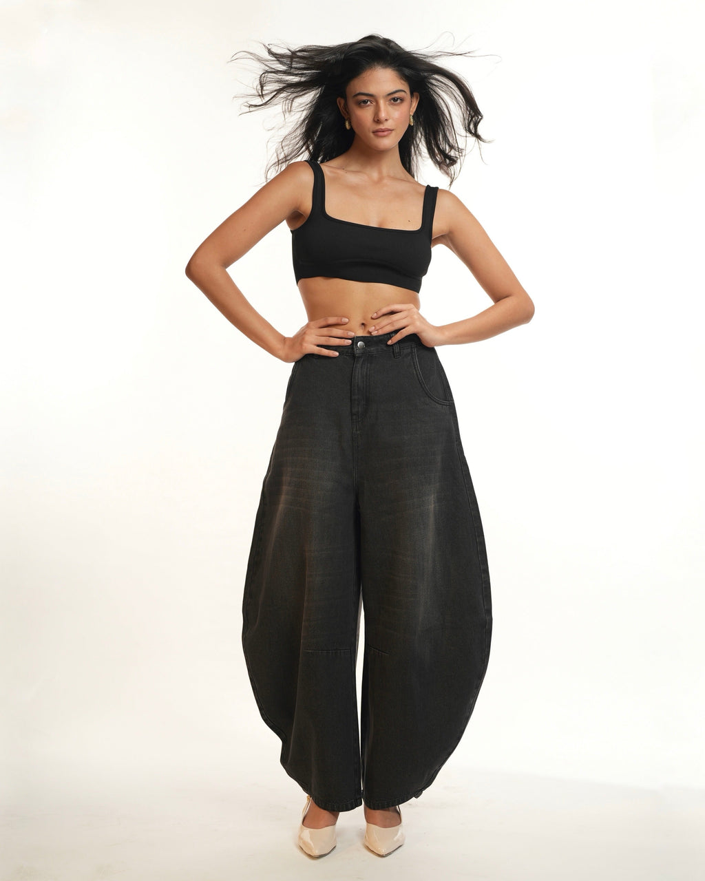 BarrelBloom – High-Rise Barrel Cut Wide-Leg Denim