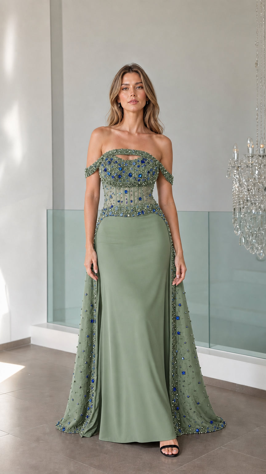 LuminaGrace – Off-the-Shoulder Beaded Evening Gown with Sheer Corset Bodice
