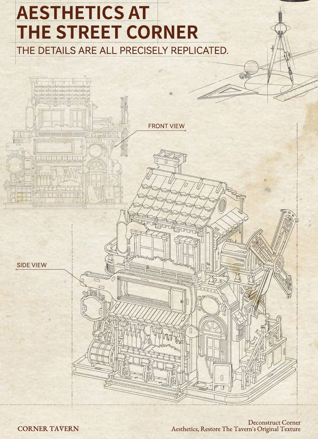 Corner Tavern architectural design drawing and street-corner facade