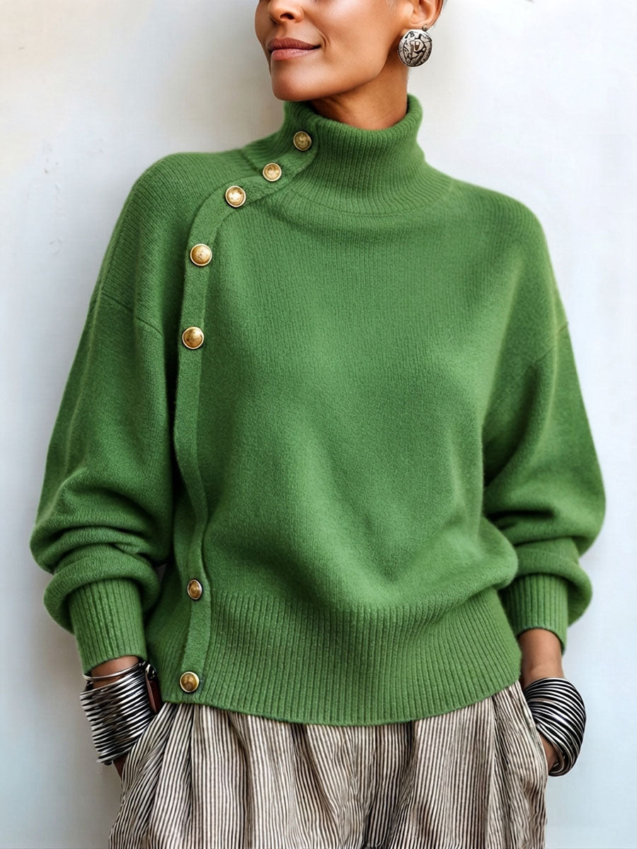 GoldDrape – 🤲 ⏰ Asymmetrical Gold-Button Knit Sweater