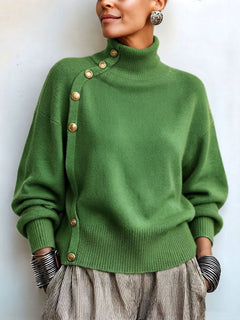 GoldDrape – 🤲 ⏰ Asymmetrical Gold-Button Knit Sweater