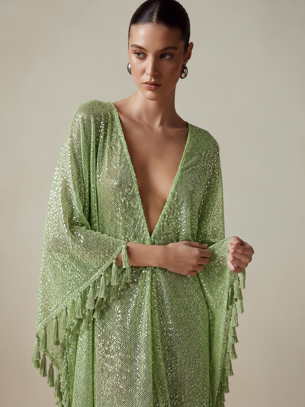 ShimmerDrift – Sequined Fringe-Trim Plunge V-Neck Maxi Kaftan Dress