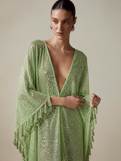 ShimmerDrift – Sequined Fringe-Trim Plunge V-Neck Maxi Kaftan Dress