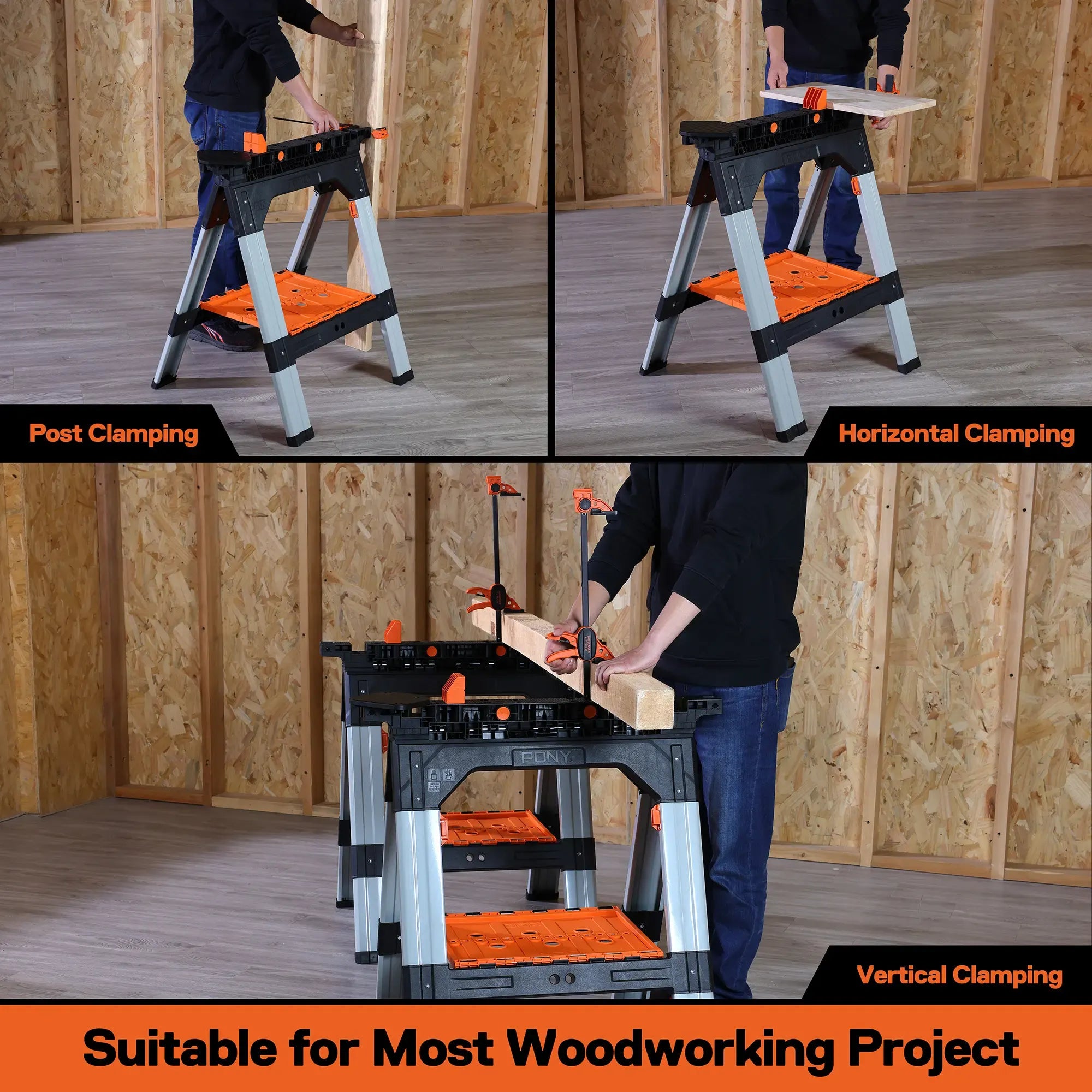 PonyWork – 2-Pack Folding Sawhorses with Clamps