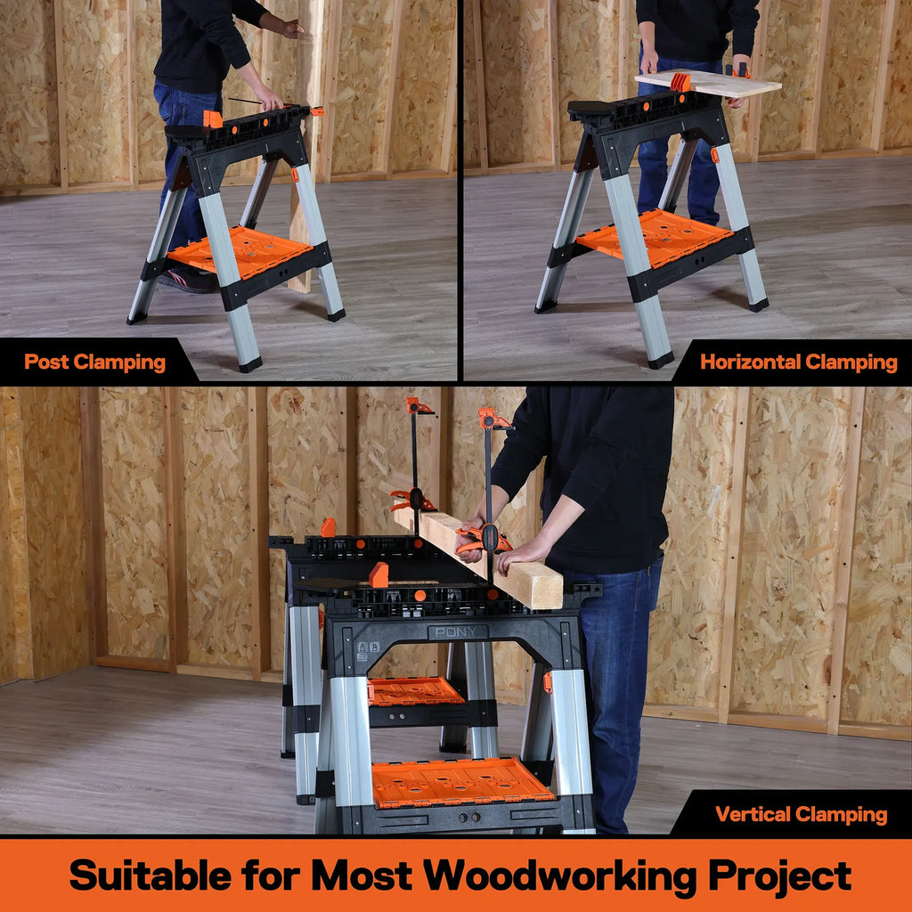 PonyWork – 2-Pack Folding Sawhorses with Clamps