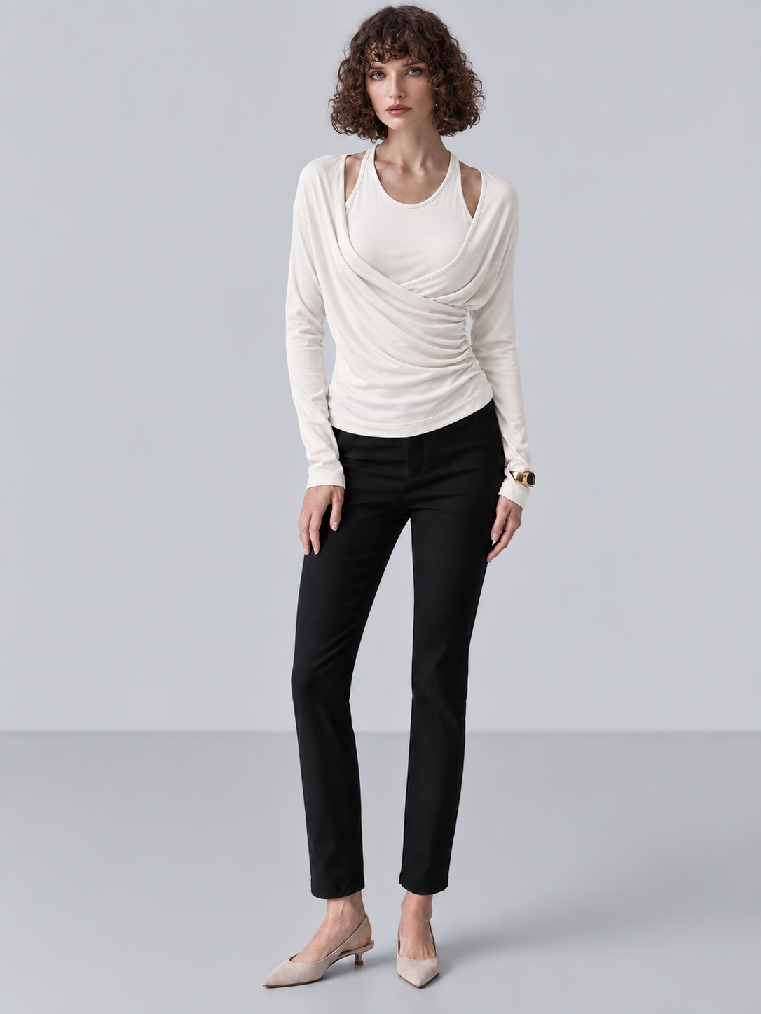 CallidaDrape – Ruched Two-Piece Wrap Top Set with Built-In Bra