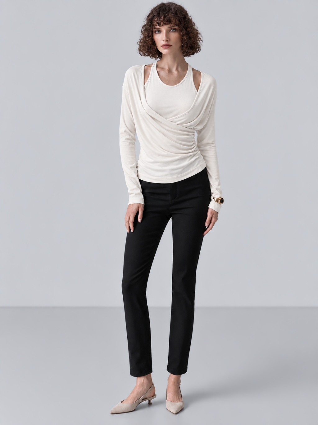 CallidaDrape – Ruched Two-Piece Wrap Top Set with Built-In Bra