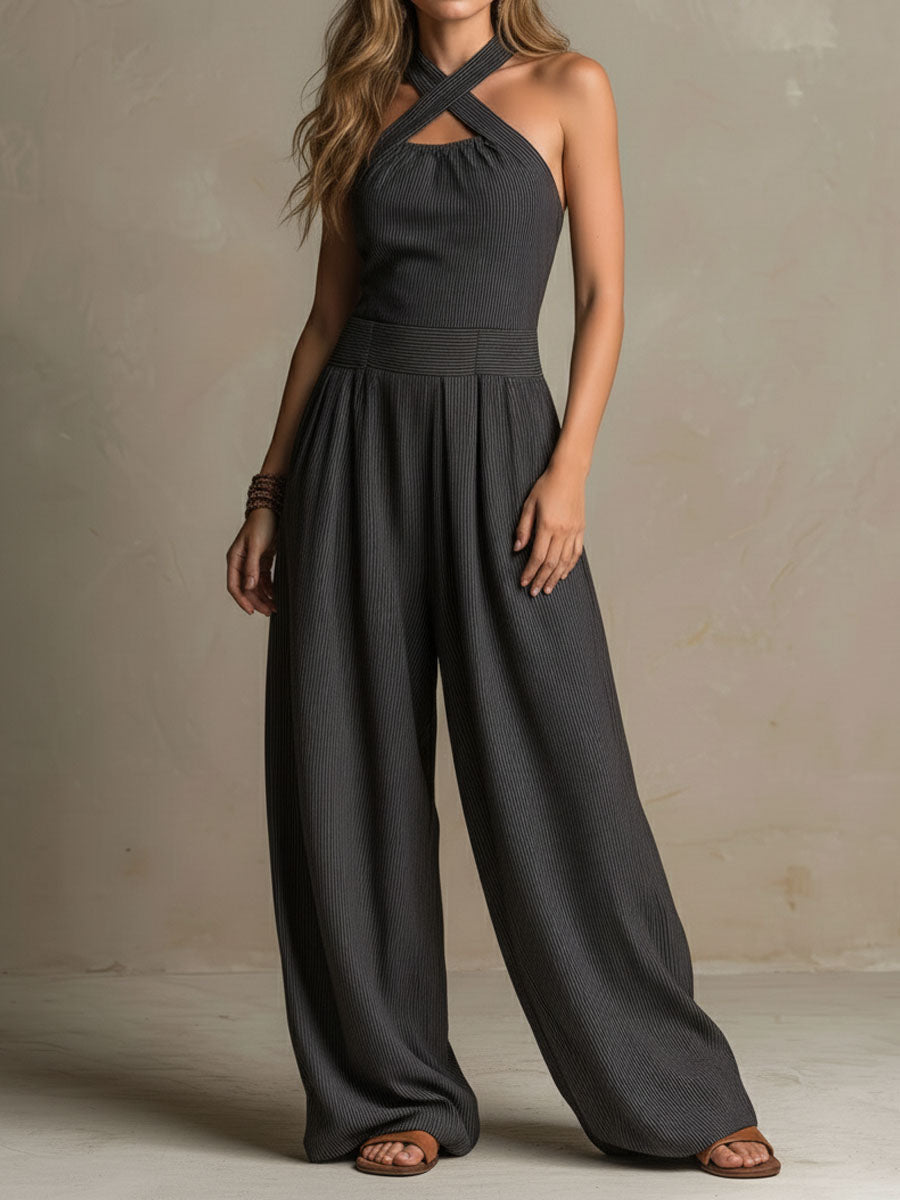 StripeFlow – Crisscross Halter Pinstripe Wide-Leg Jumpsuit