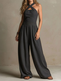 StripeFlow – Crisscross Halter Pinstripe Wide-Leg Jumpsuit
