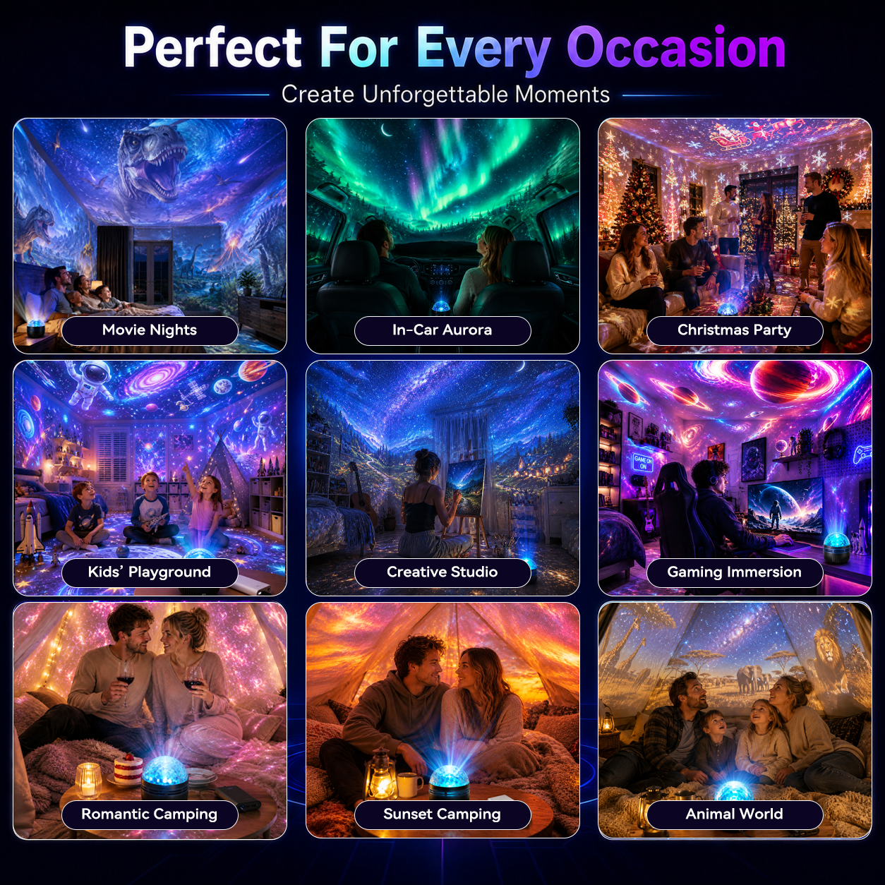 NebulaTide – 🦖 360° Smart Holographic Galaxy & Ocean Night Light Projector