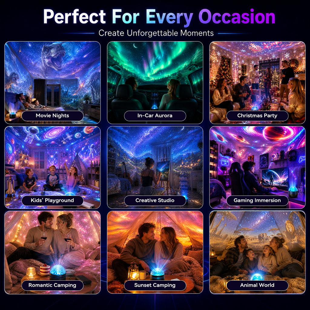 NebulaTide – 🦖 360° Smart Holographic Galaxy & Ocean Night Light Projector