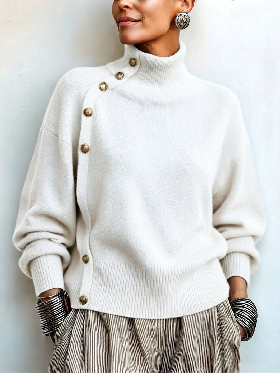 GoldDrape – 🤲 ⏰ Asymmetrical Gold-Button Knit Sweater