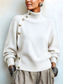GoldDrape – 🤲 ⏰ Asymmetrical Gold-Button Knit Sweater