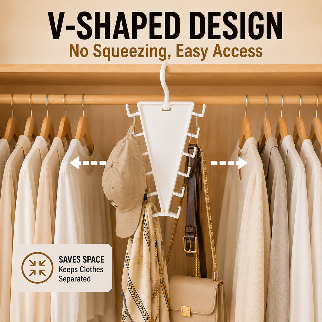 ✨ SwivelNest – 12-Hook V-Shaped Closet Organizer for Hats, Belts, Scarves & Bags