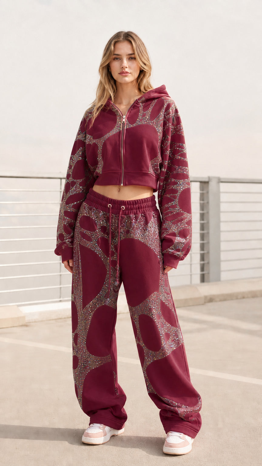 GlimmerLounge – Women's Glitter Graphic Cropped Zip Hoodie and Baggy Sweatpants Set