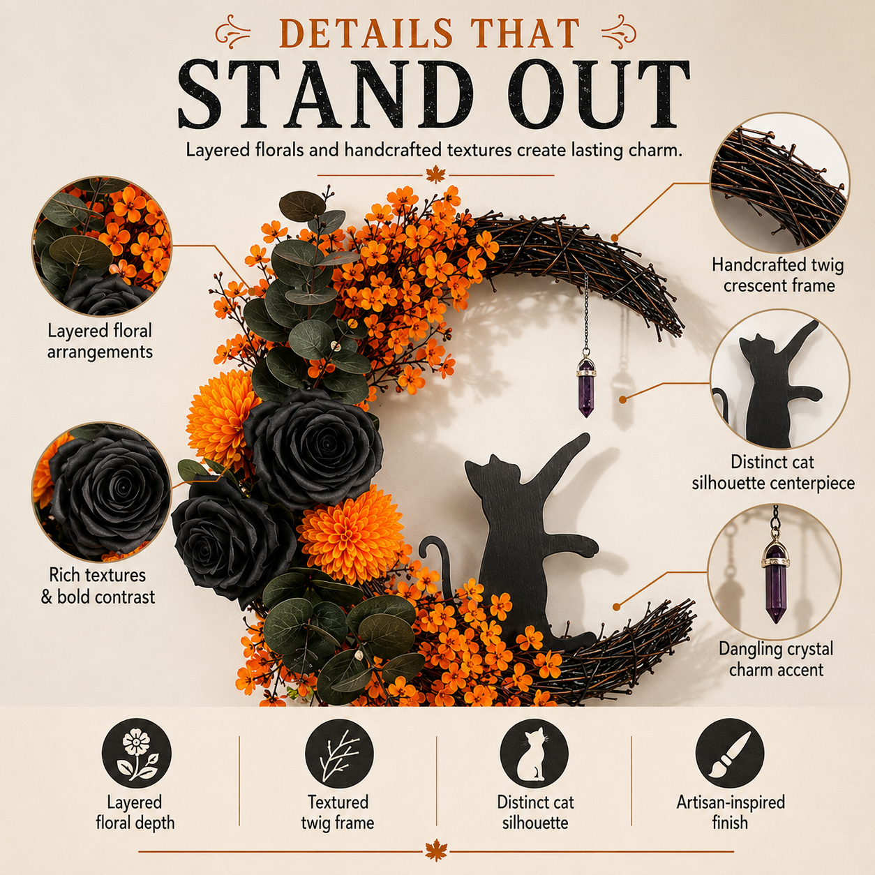 CrescentPurr – Handmade Halloween Cat Wreath🐈‍⬛🌙