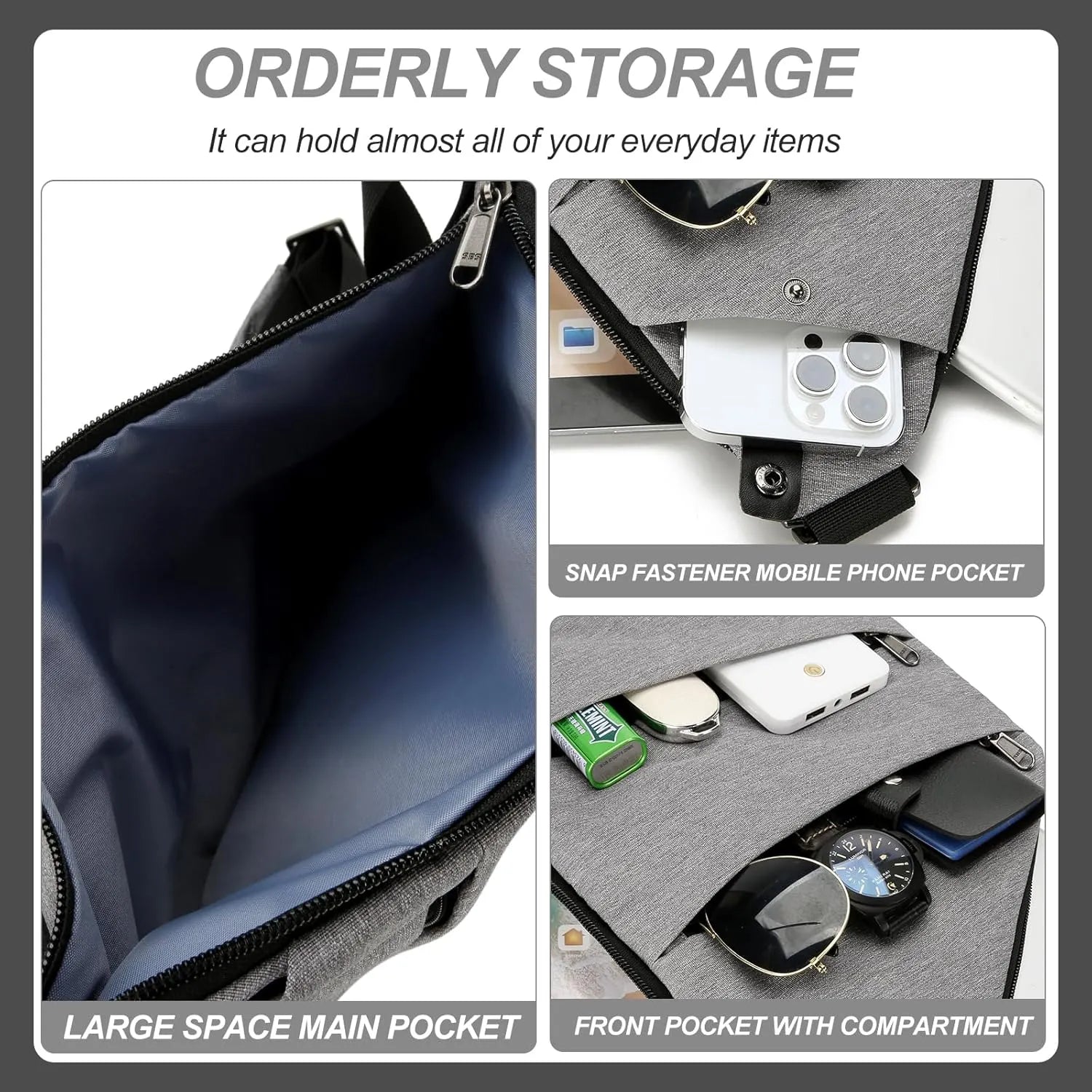 SlimGuard – Grey Anti-Theft Crossbody Sling Bag, Tear-Resistant Polyester Travel Bag