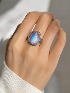 💎LunaGlow – Vintage Rainbow Moonstone Ring with Oval Cabochon Filigree Setting