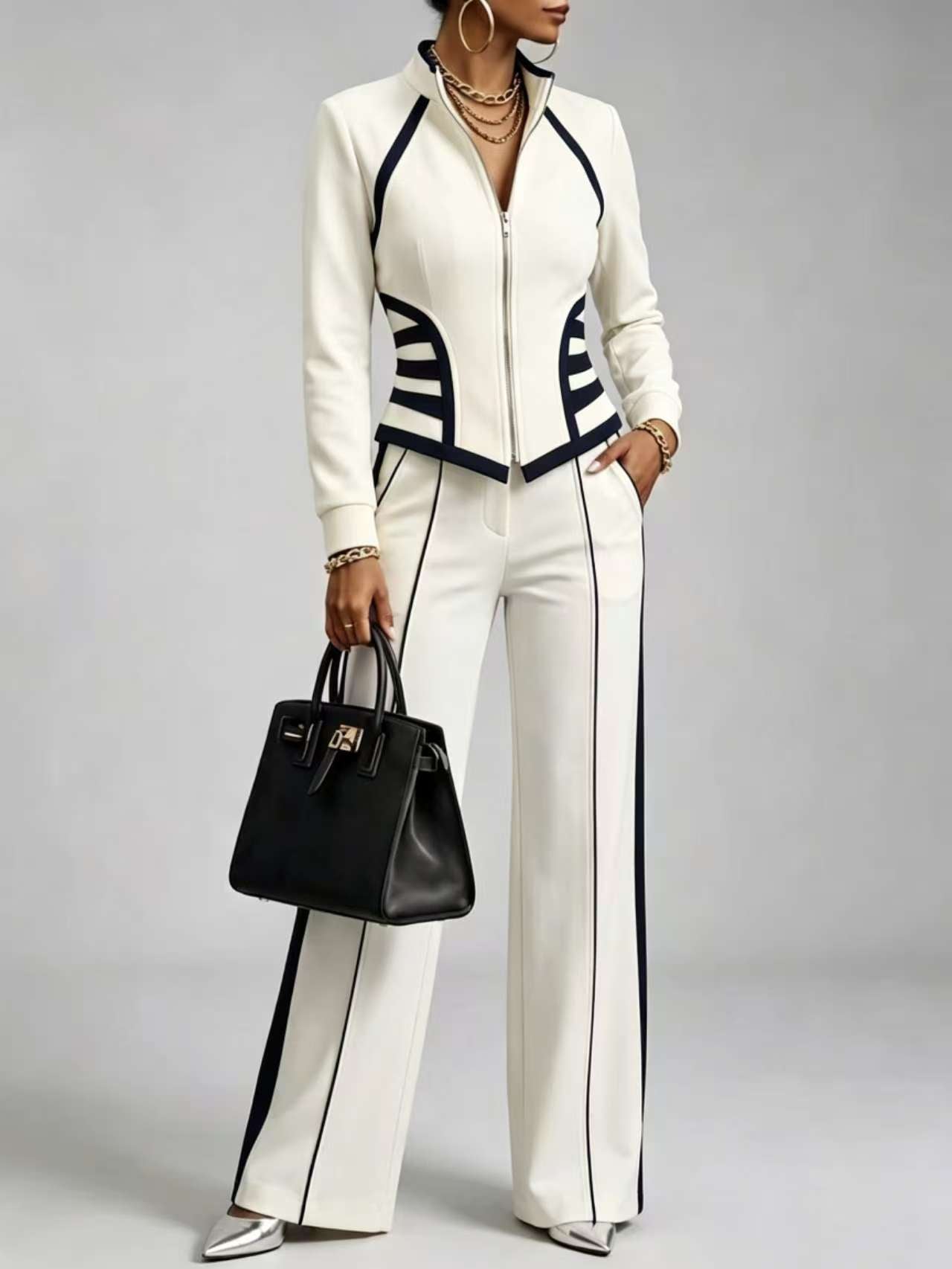 TrimChic – 🤲⏰ Stretch Zip-Up Two-Piece Trouser Set with Free Handbag