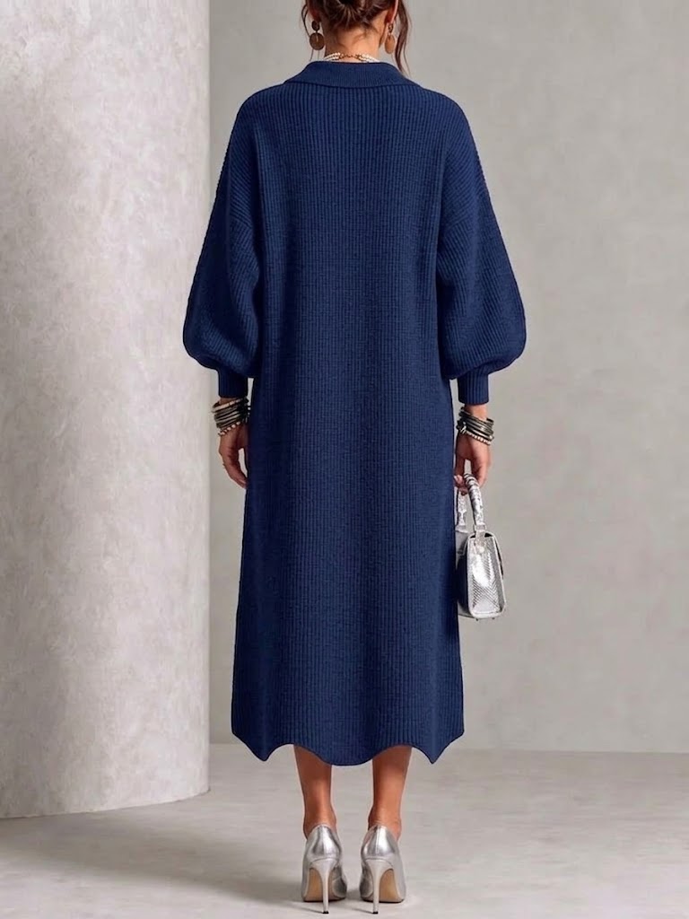 LanternLuxe – 🤲⏰ Long-Sleeve Knit Midi Dress with Large Metal Buttons, Lapel Collar & Lantern Sleeves