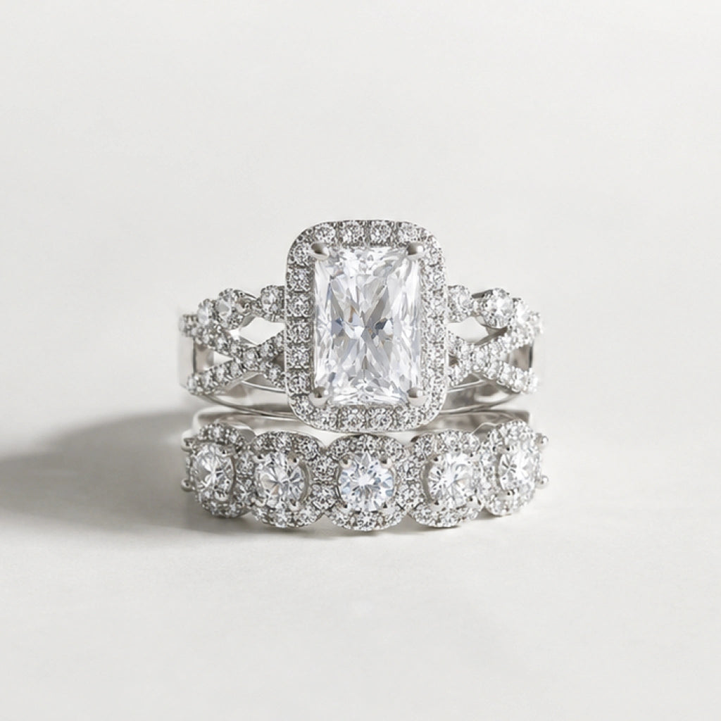 RadiantStack – 3-Piece Radiant-Cut Halo Ring Set in 925 Sterling Silver