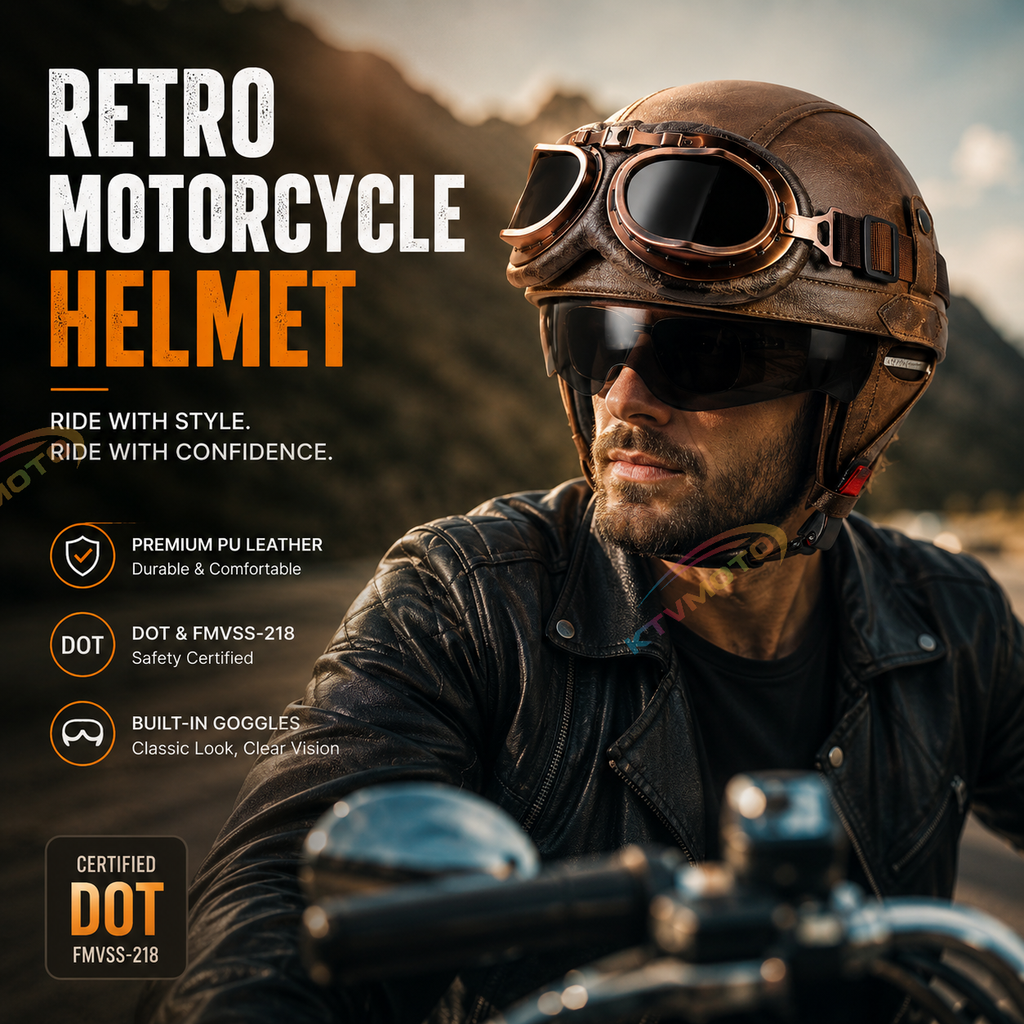 AviatorRide – Vintage PU Leather DOT Motorcycle Half Helmet with Goggles