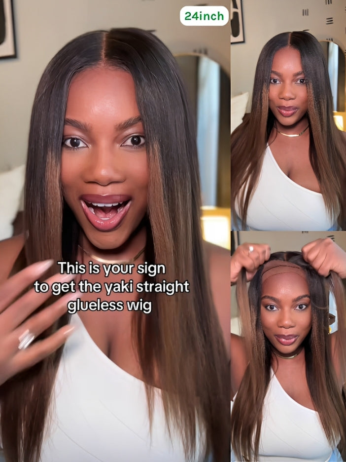 ChestnutGlide – Ombre Chestnut Brown Yaki Straight 7x5 Glueless Human Hair Wig with Drawstring