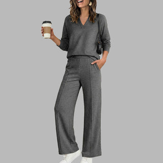 EaseLuxe – 👚Women's Casual V-Neck Top & Wide-Leg Pants Set