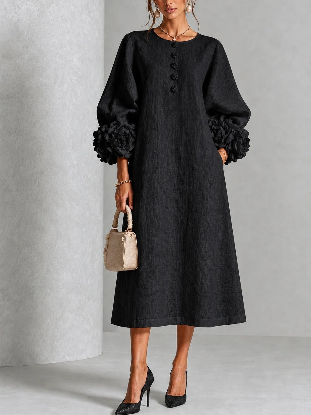 RosetteEase – 🤲 ⏰3D Floral Cuff A-Line Dress with Free Handbag