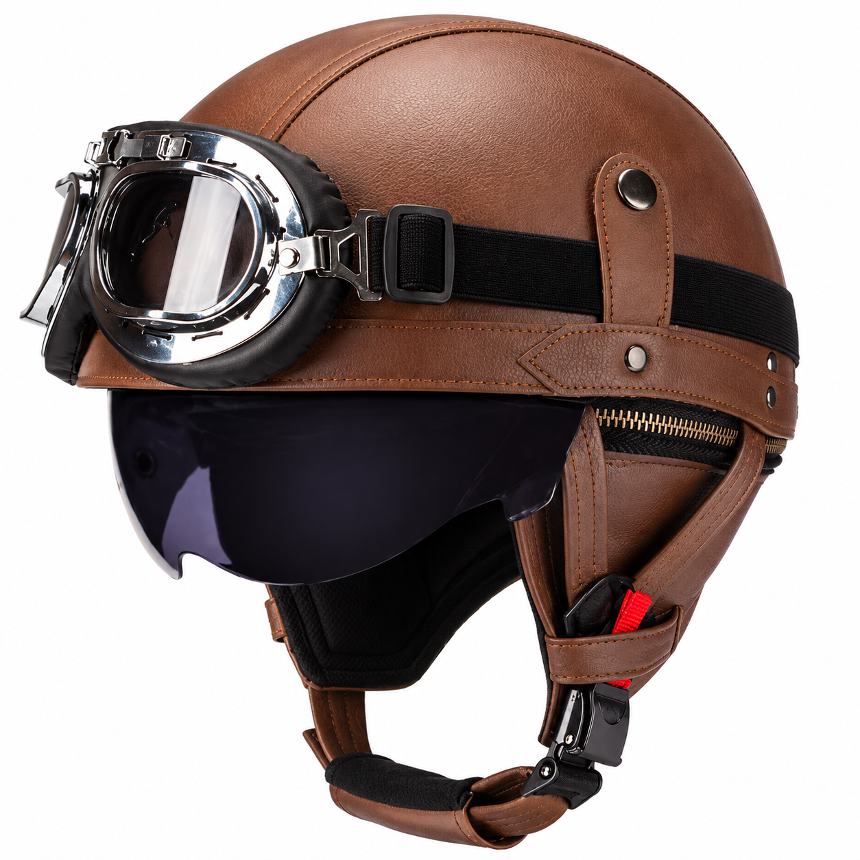 AviatorRide – Vintage PU Leather DOT Motorcycle Half Helmet with Goggles