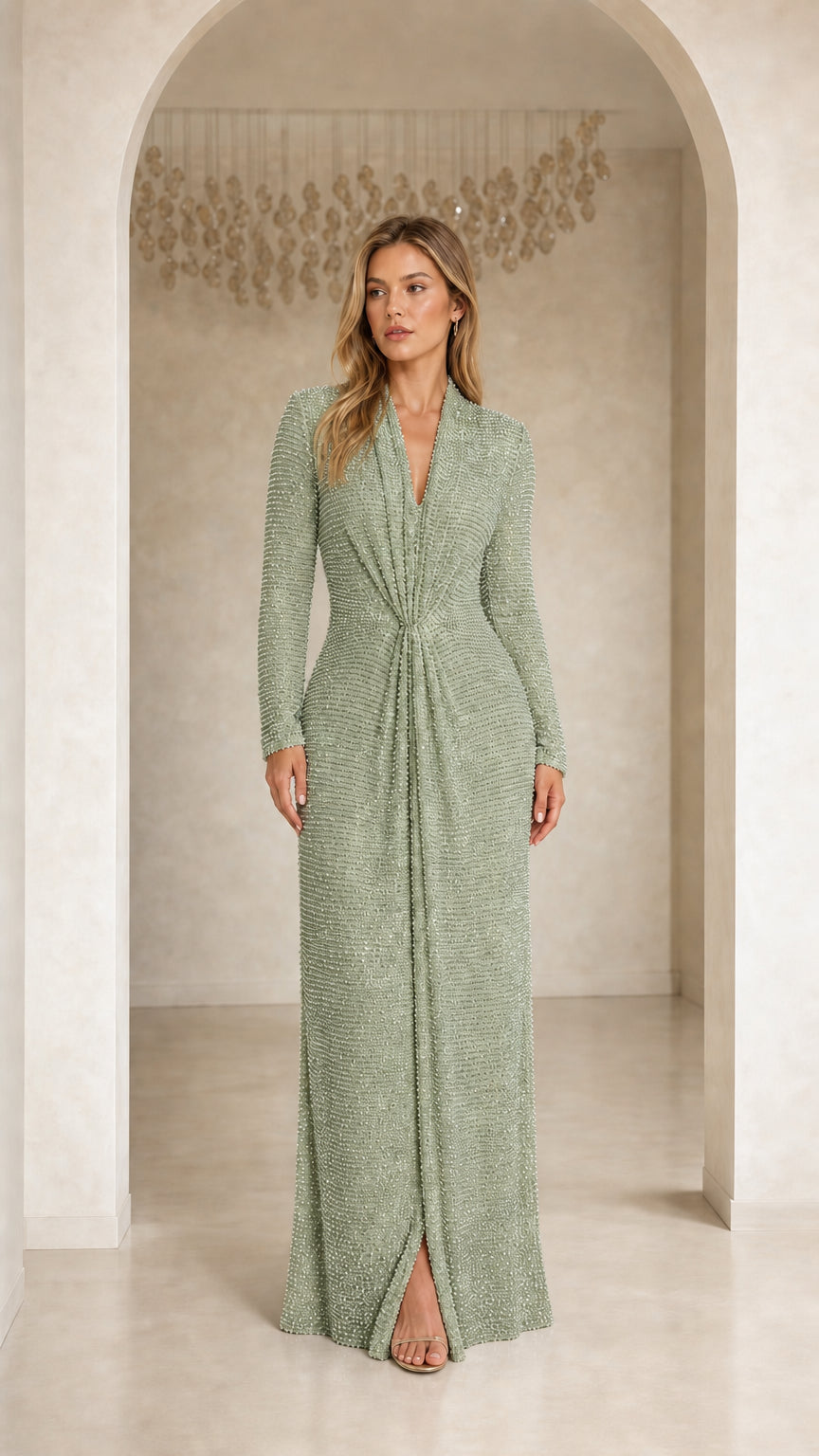 GlimmerDrape – Sequin Long Sleeve V-Neck Maxi Dress