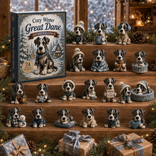 Great Dane Christmas ornaments displayed on wooden shelves