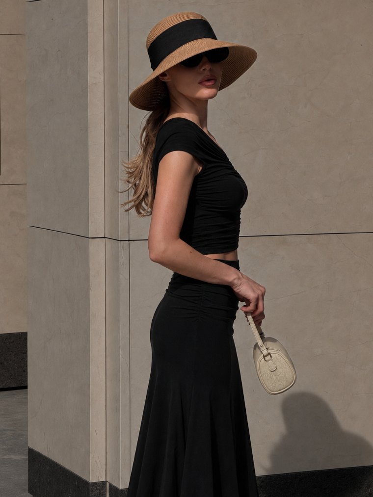 MilayaMuse – Off-the-Shoulder Ruched Top & Midi Skirt Set