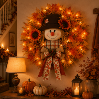 HarvestGlow – Lighted Scarecrow Fall Wreath
