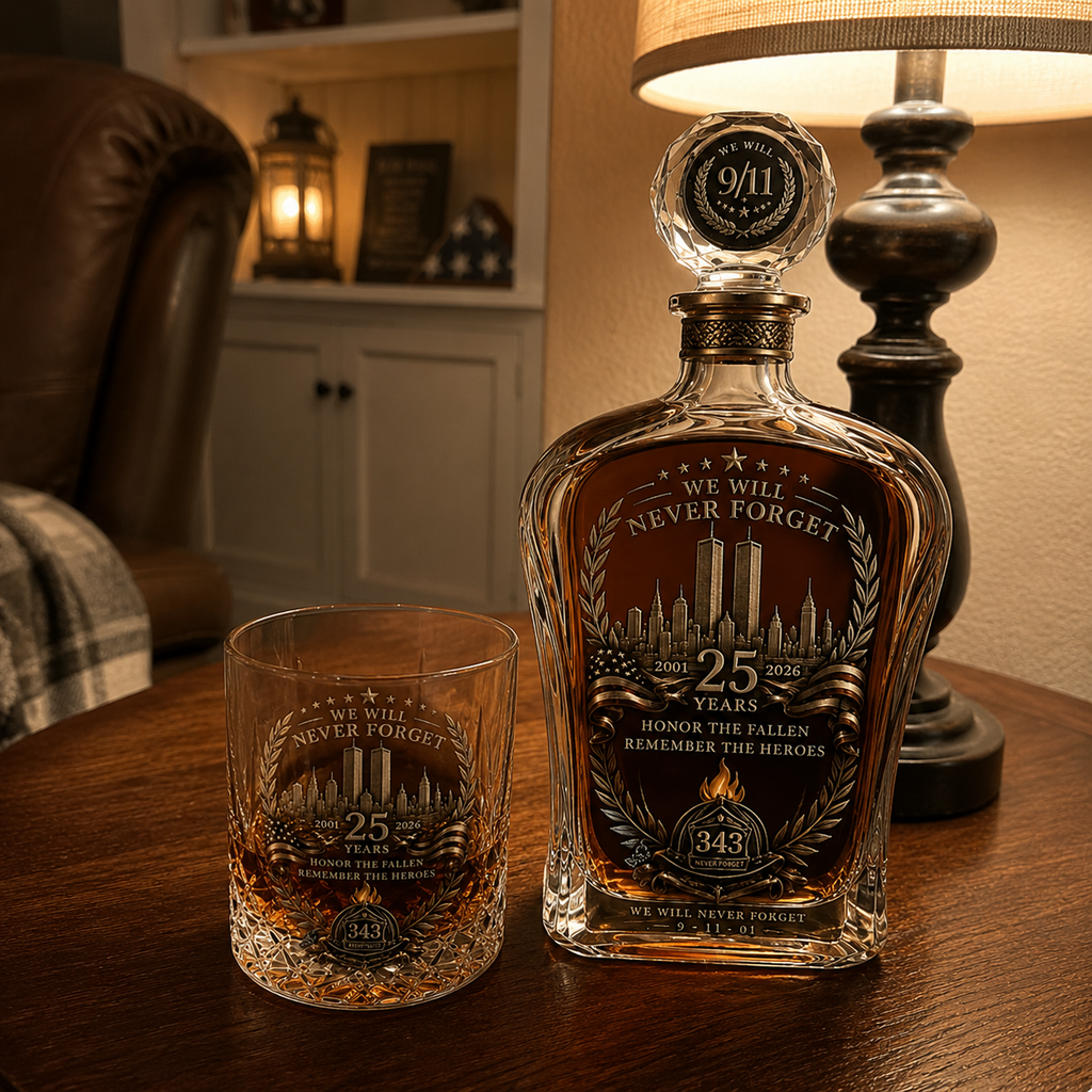 🕯️ TributeCrest – 9/11 25th Anniversary Memorial Whiskey Decanter & Glass Gift Set, We Will Never Forget 343 Heroes