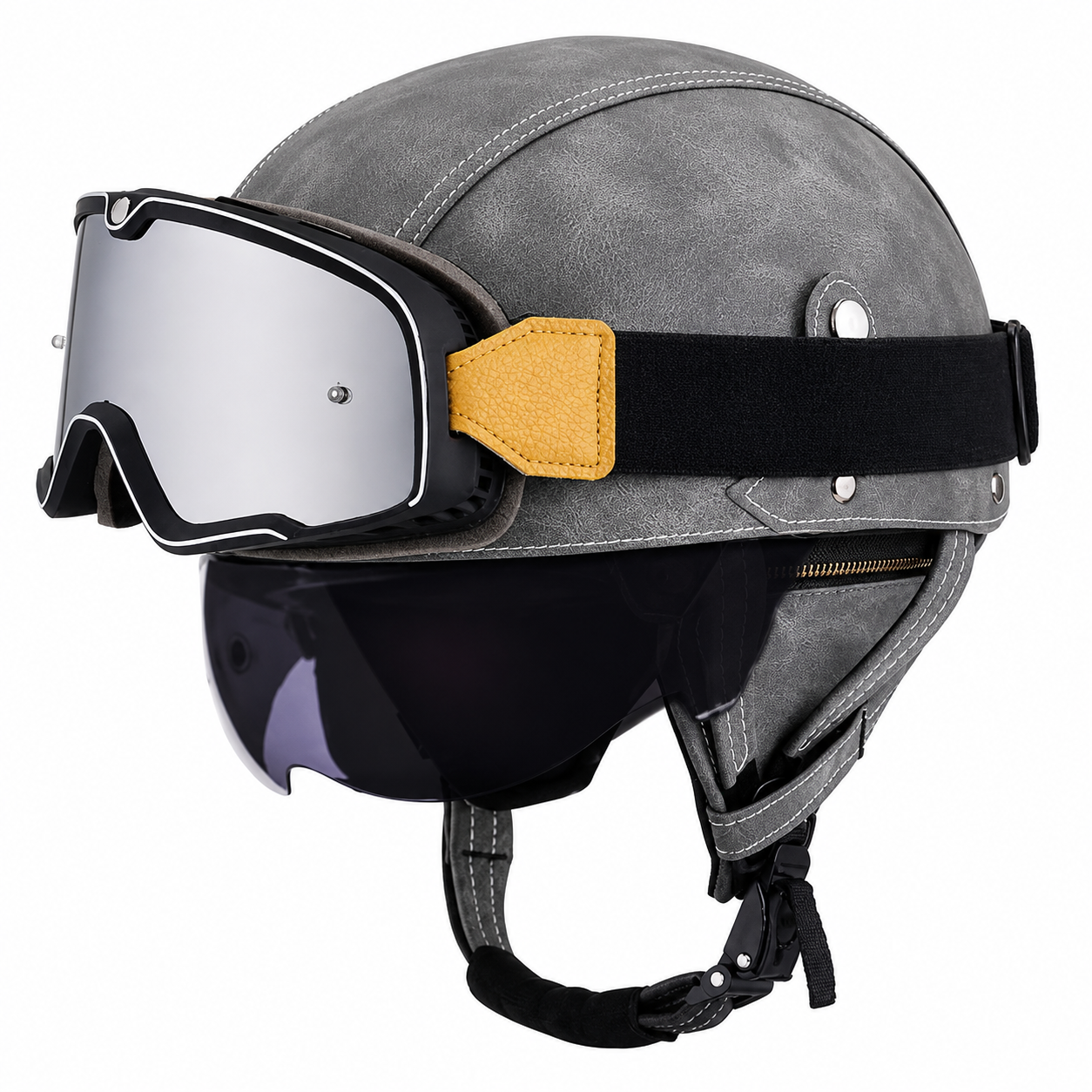 AviatorRide – Vintage PU Leather DOT Motorcycle Half Helmet with Goggles